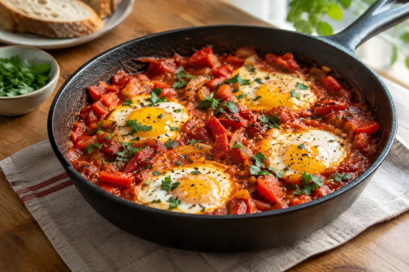 Shakshuka in a cast-iron pan: eggs poached in tomato sauce with peppers and herbs