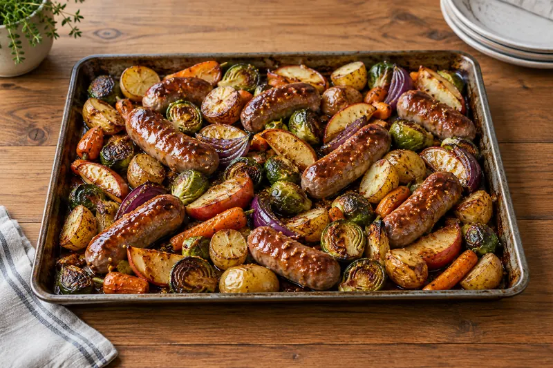 A roasting tray of browned pork sausages with golden baby potatoes, carrots, Brussels sprouts, red onion and apple wedges, glossy with a honey and wholegrain mustard glaze and flecked with thyme.