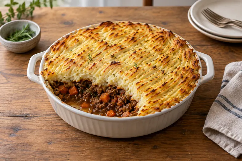 Shepherd’s pie in a dish with a forked mashed potato top browned at the ridges
