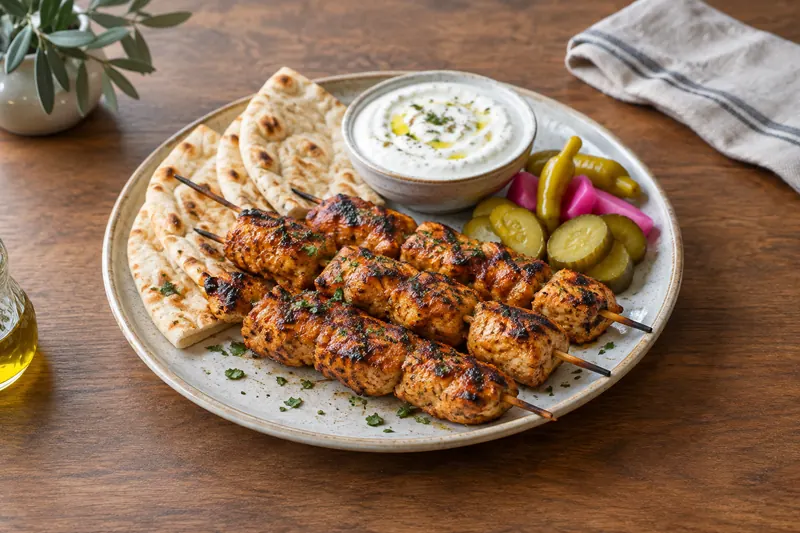Charred chicken skewers with a bowl of white garlic sauce, pickles and flatbread