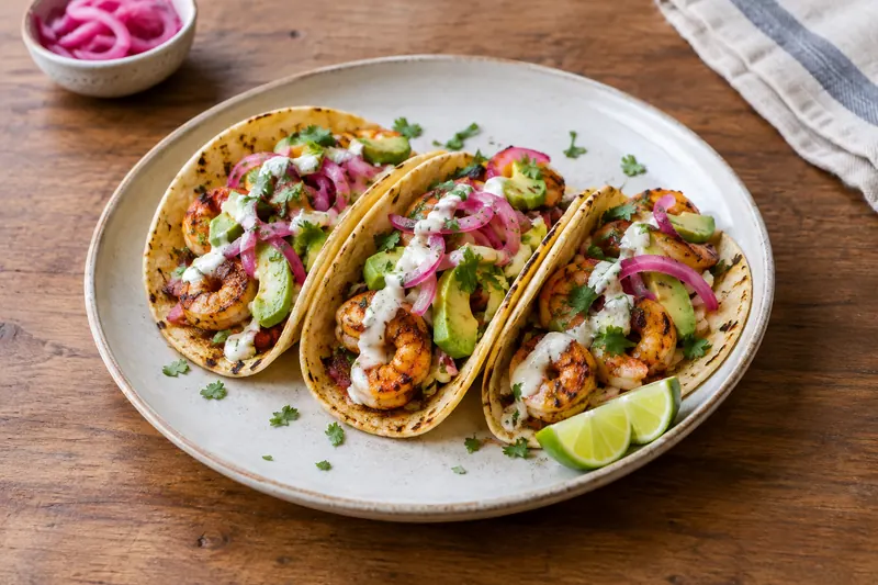 Corn tortillas topped with charred prawns, avocado, pink pickled onions and a drizzle of crema