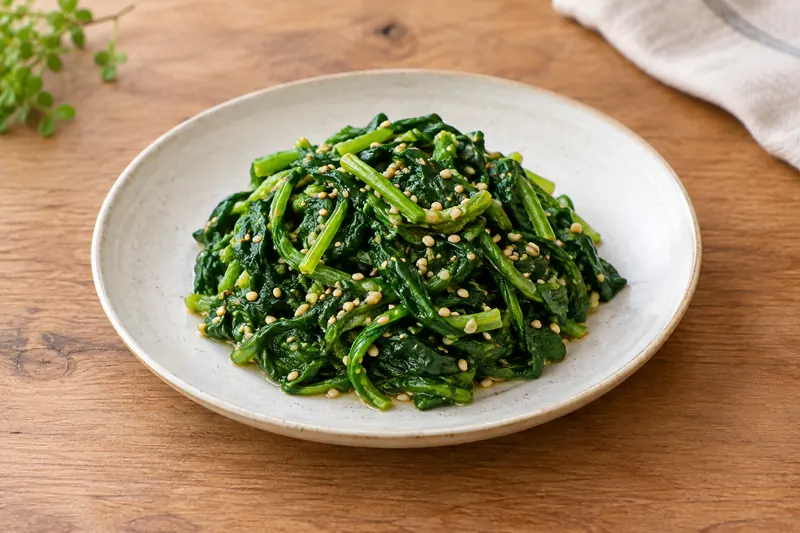 A small dish of dark green seasoned spinach with sesame seeds