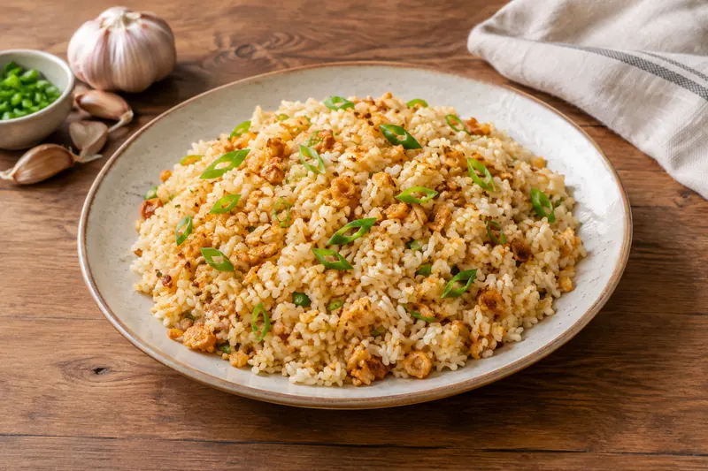 A plate of fried rice studded with golden crispy garlic, topped with more fried garlic