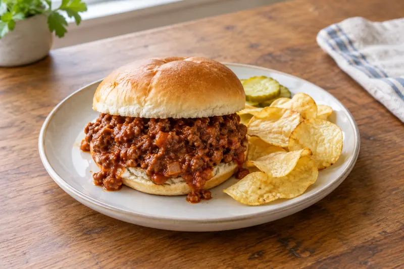 A soft burger bun filled with saucy loose ground beef, spilling onto the plate