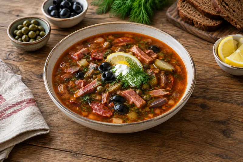 A bowl of dark red meat soup with olives, lemon slice, pickles and soured cream