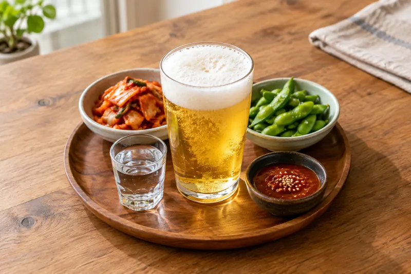 A glass of pale lager with a shot of soju being poured in, beside a green soju bottle