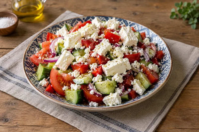 A bowl of chopped tomatoes, cucumber, peppers and onion topped with a thick layer of grated white cheese