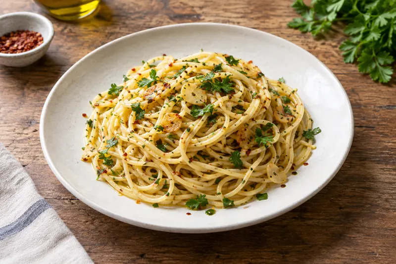 Spaghetti twisted into a shallow bowl, flecked with slivers of golden garlic, red chilli and chopped parsley