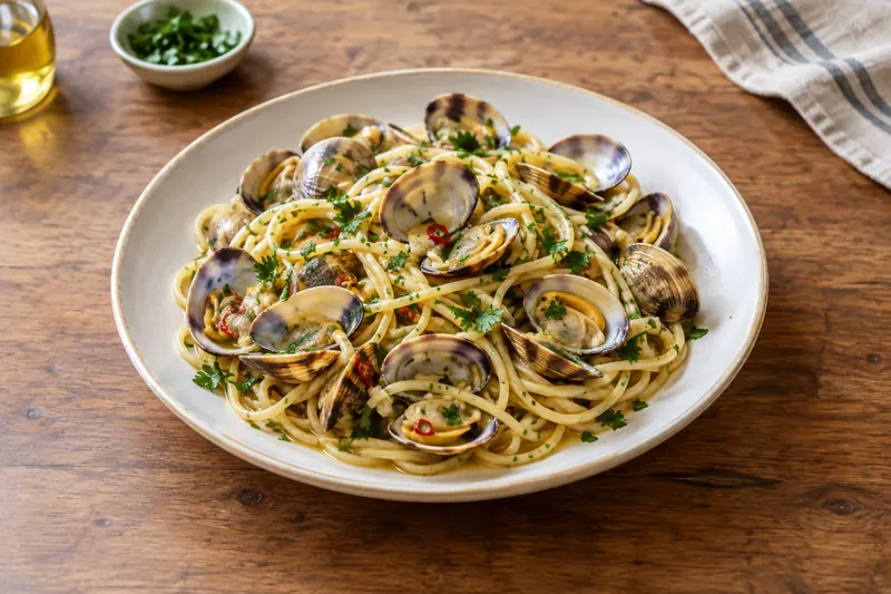 A plate of glossy spaghetti with open clams in their shells, parsley and a drizzle of olive oil