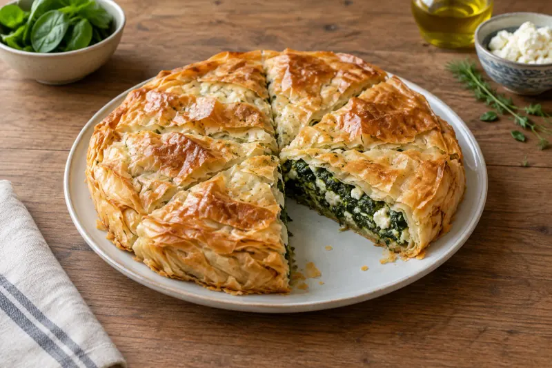 A slice of spanakopita showing green spinach and feta filling between crisp golden filo layers