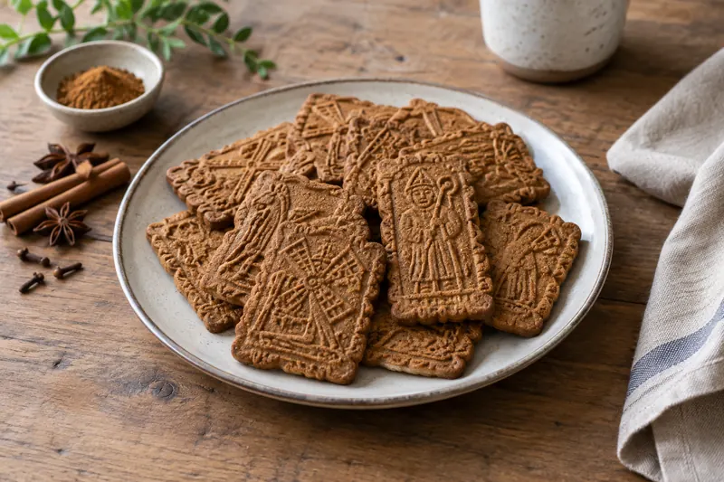 Thin crisp brown spiced biscuits with embossed windmill patterns and flaked almonds