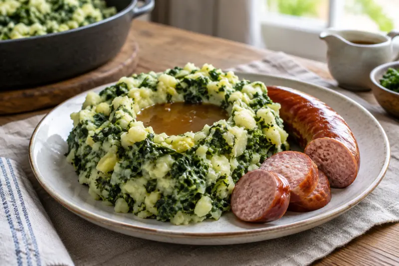 A plate of stamppot with kale through the mash, sliced smoked sausage on top and gravy in a well