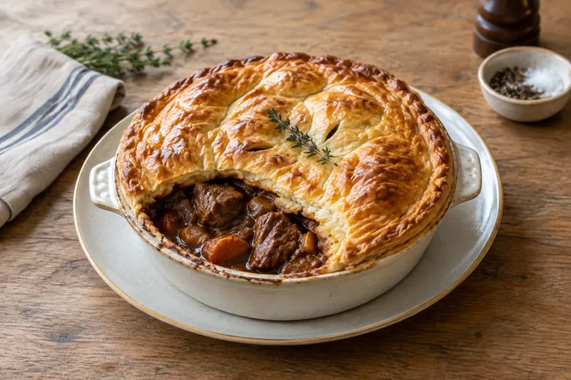 A steak and ale pie with a risen golden puff pastry lid, opened to show dark beef and gravy underneath.