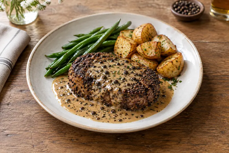 A peppercorn-crusted steak sliced open, in a pool of pale cream and brandy pan sauce