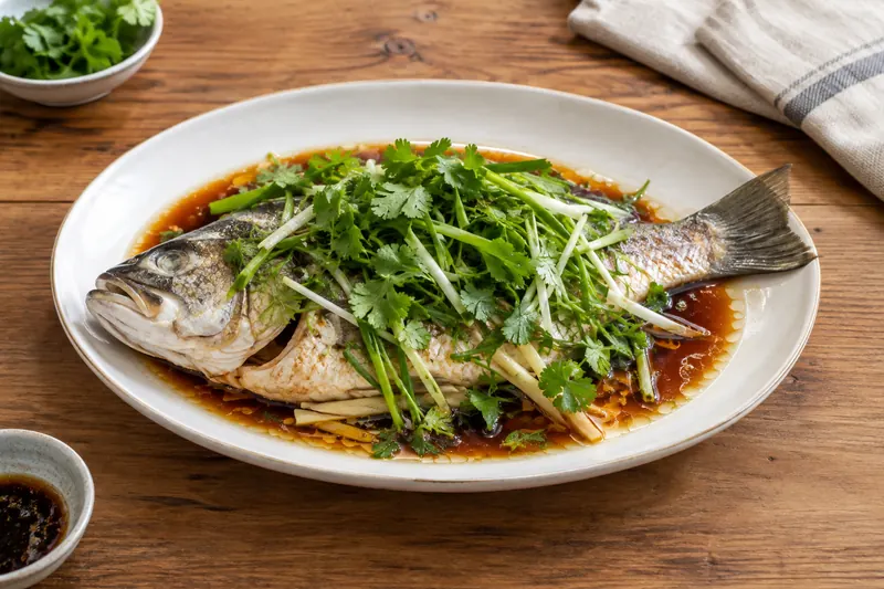 A whole steamed fish topped with shredded spring onion and ginger in a pool of soy sauce