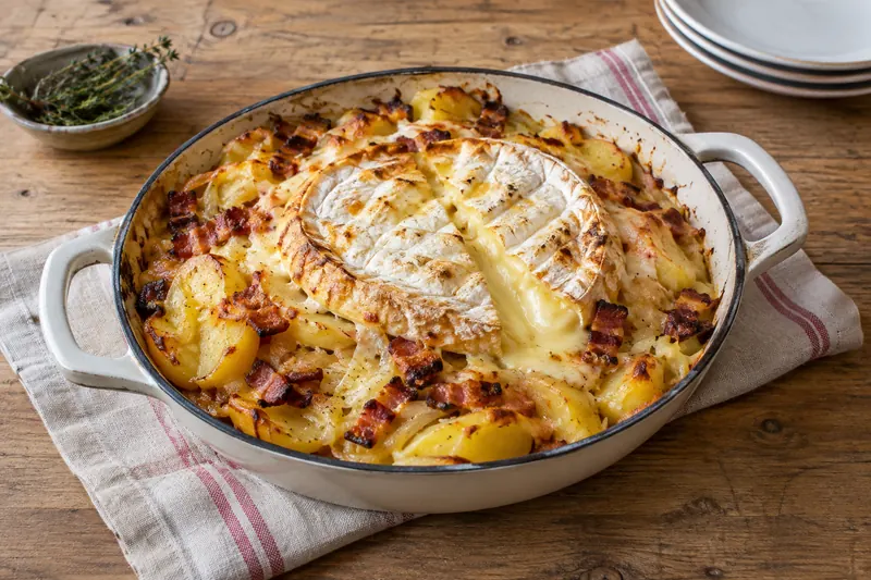 A baking dish of potatoes and bacon covered by a melted golden Reblochon cheese with its rind