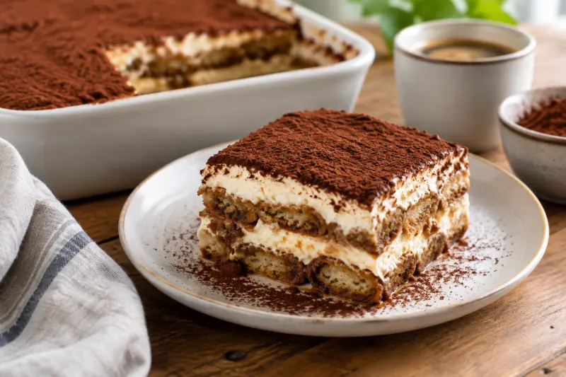 A square of tiramisù showing layers of coffee-soaked sponge and mascarpone cream, dusted with cocoa