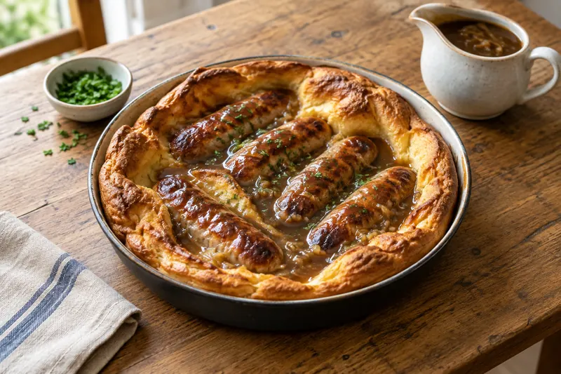 Sausages baked into a tall risen Yorkshire pudding batter in a roasting tin, with onion gravy