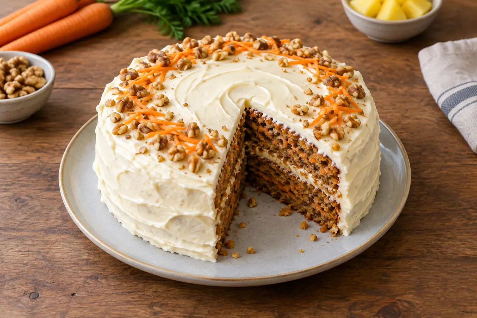 A slice of layered spiced carrot cake with walnuts and thick white cream cheese frosting