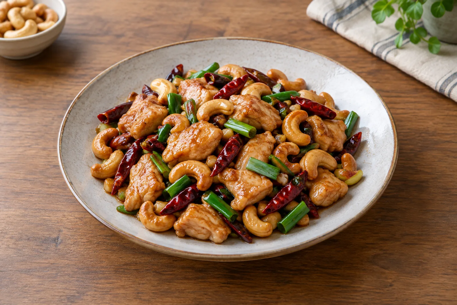 Stir-fried chicken with golden cashews, dried chillies, onion and spring onion in a wok