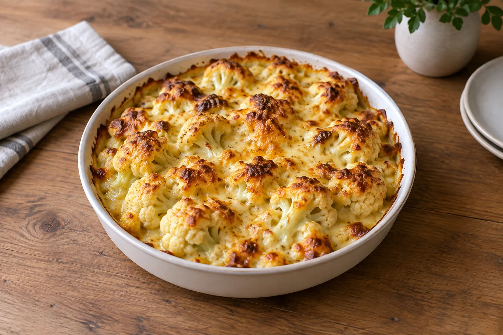 A baking dish of cauliflower under golden bubbling cheese sauce
