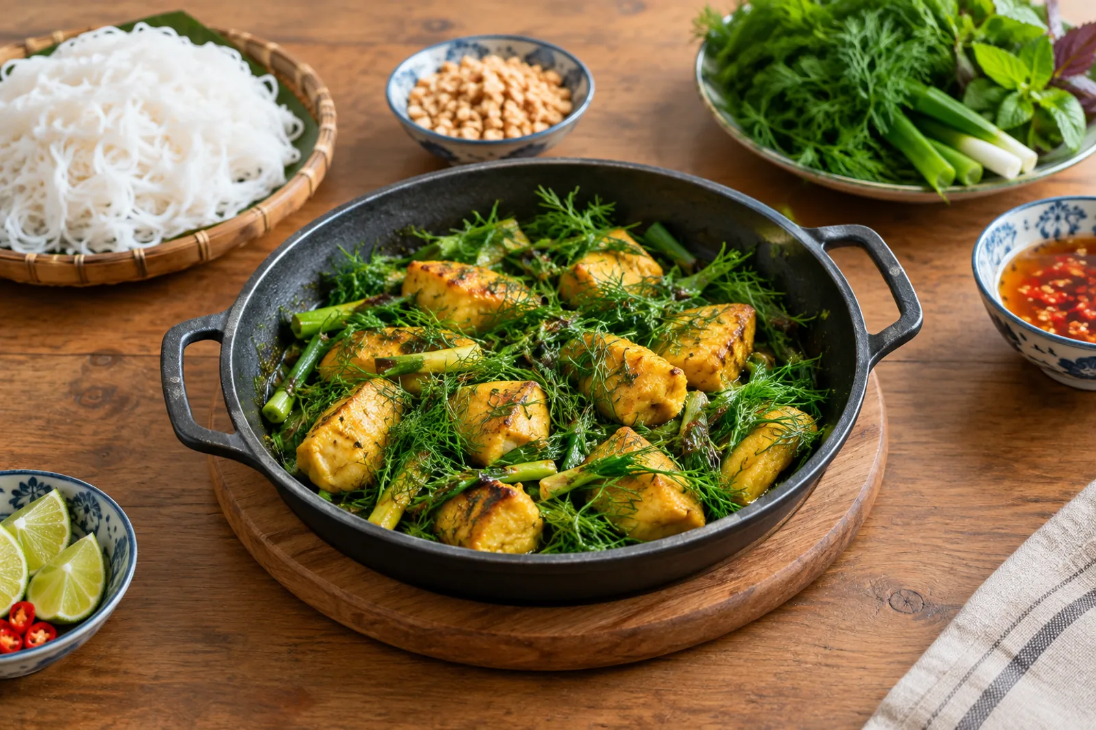 Golden turmeric fish sizzling with dill and spring onions, with noodles and peanuts