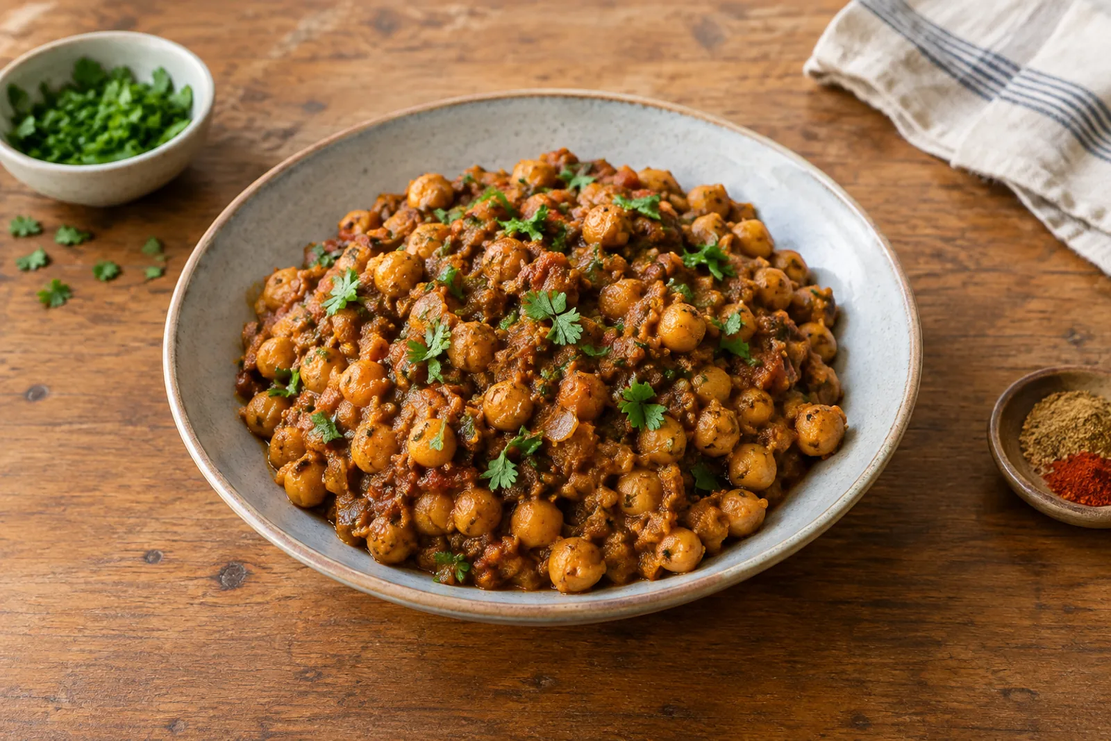 Chana masala in a bowl scattered with chopped coriander