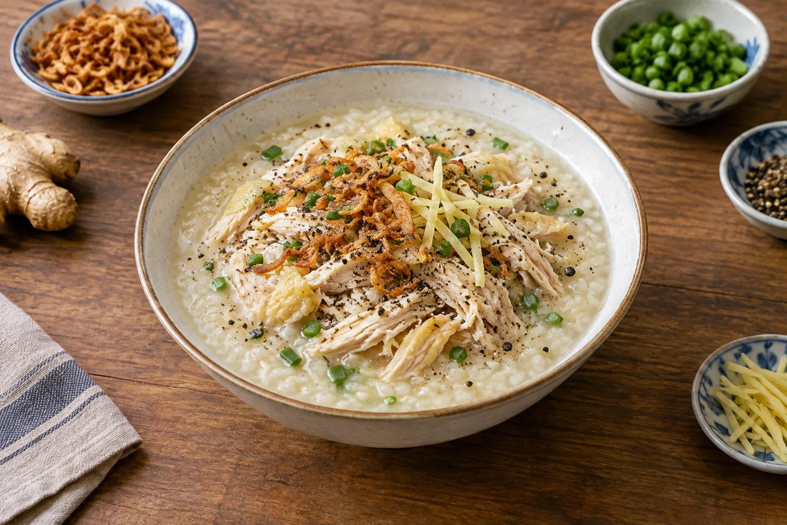 A bowl of rice porridge topped with shredded chicken, spring onion, fried shallots and pepper