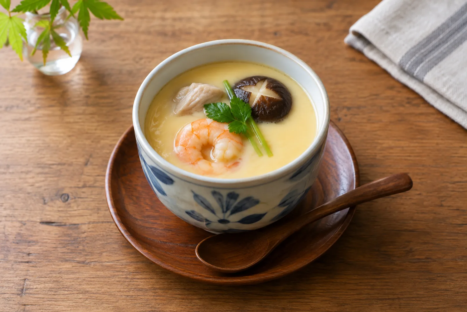 A small cup of smooth pale yellow steamed egg custard topped with a prawn and herb