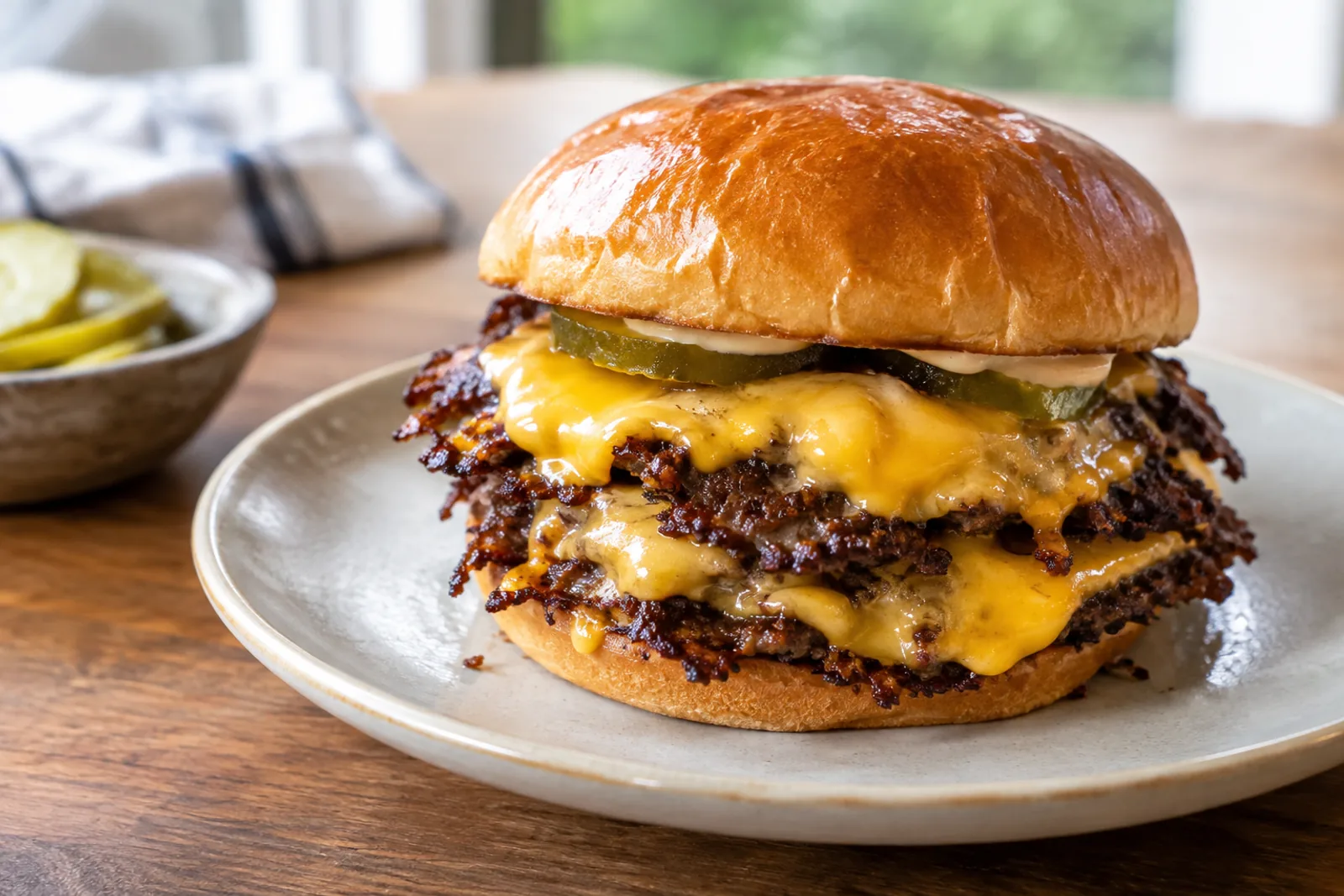 A double smash burger with melted cheese, pickles and sauce in a toasted bun