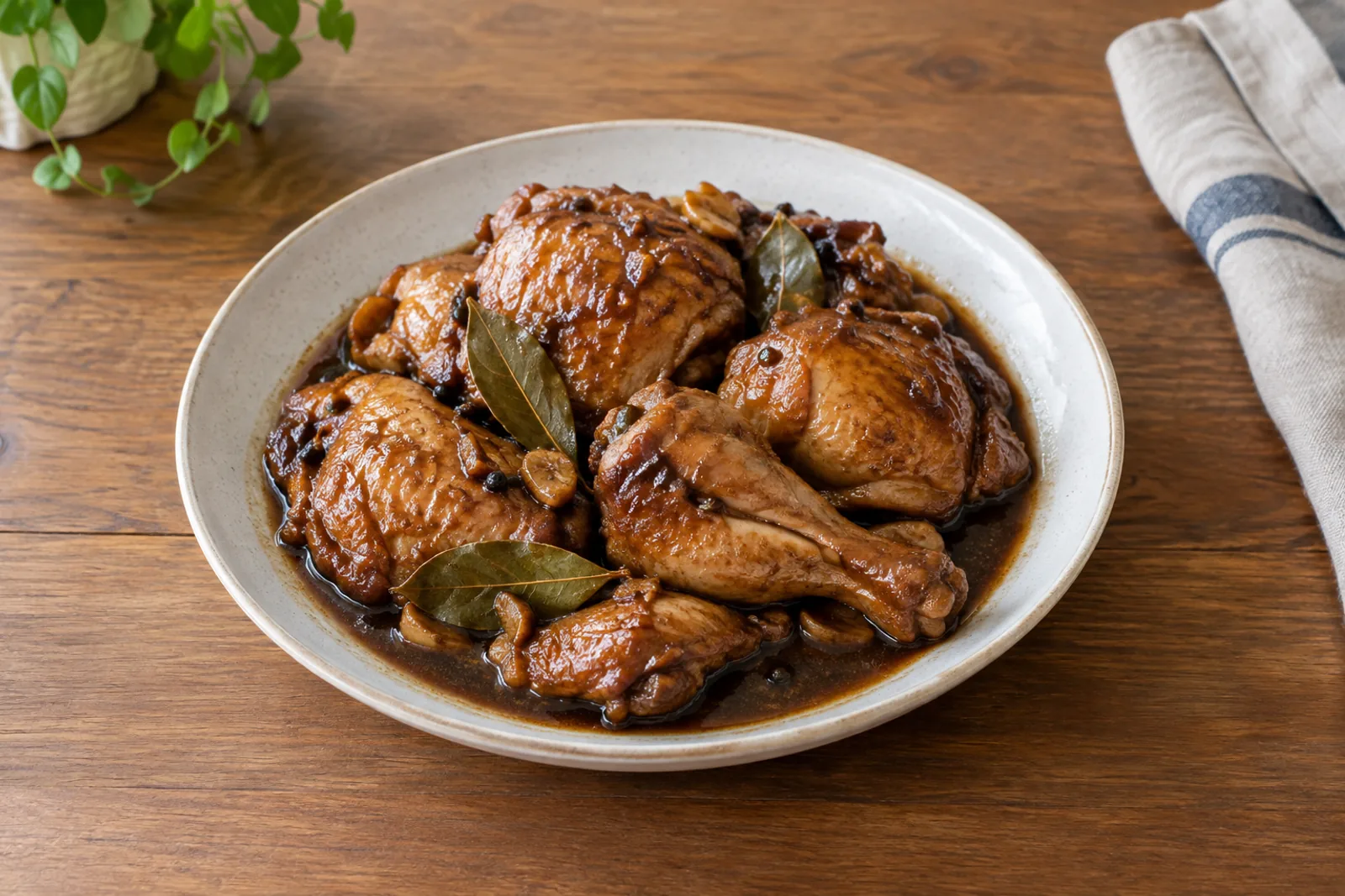 Chicken adobo in a pan, the pieces dark and glossy with sauce, bay leaves and whole peppercorns visible