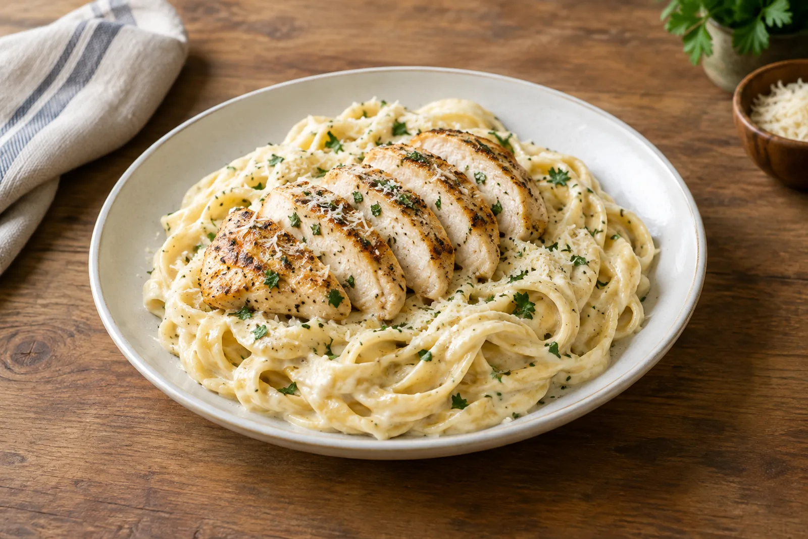 A plate of fettuccine in thick creamy white sauce topped with sliced golden chicken and parsley