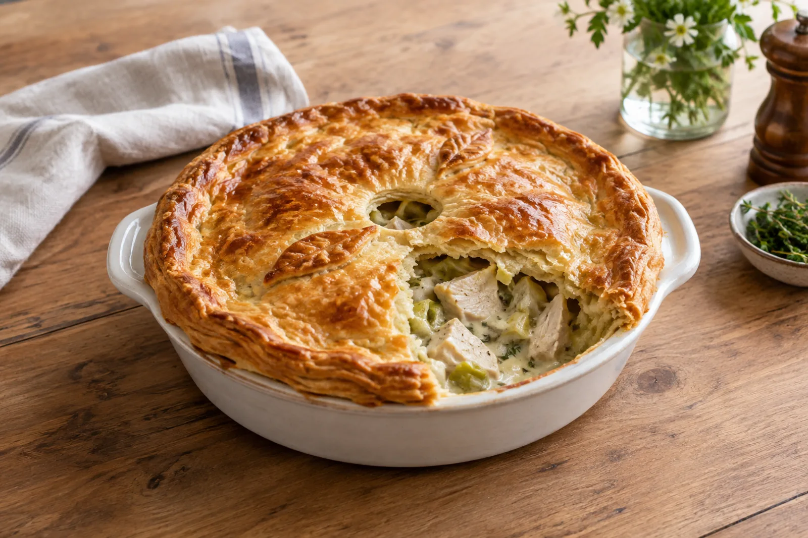 A golden puff pastry pie cut open to show chicken and leeks in a creamy sauce
