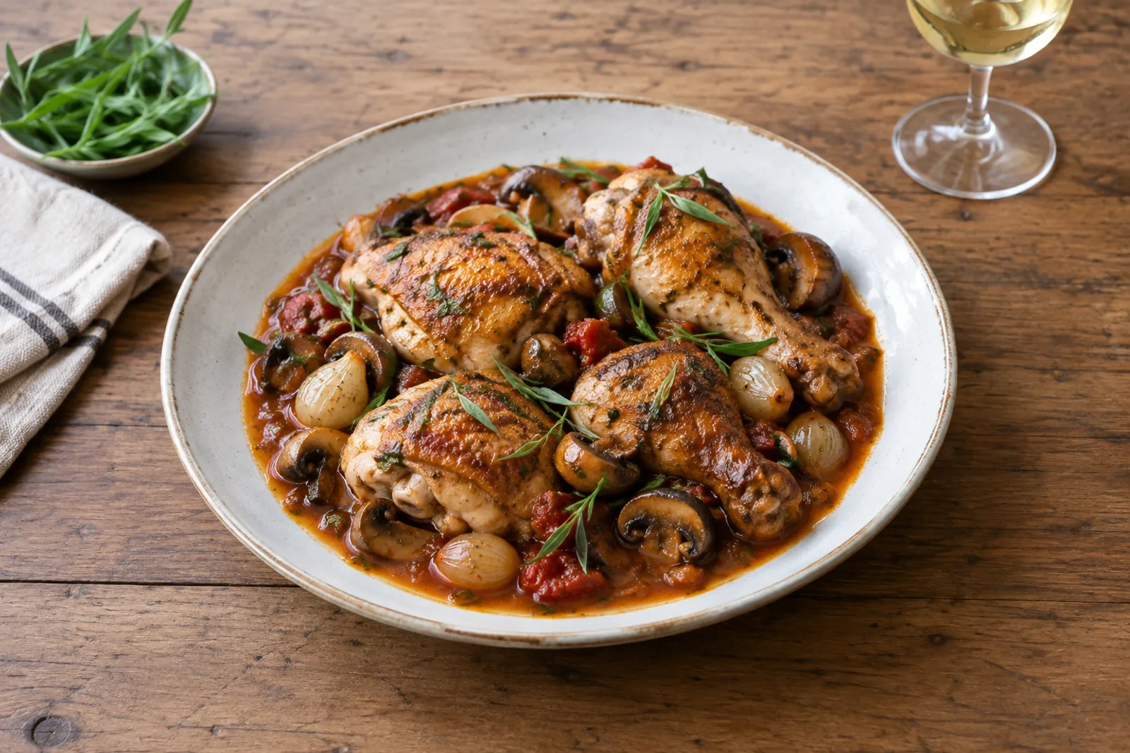 Braised chicken pieces in a tomato and mushroom sauce with tarragon in a shallow pan