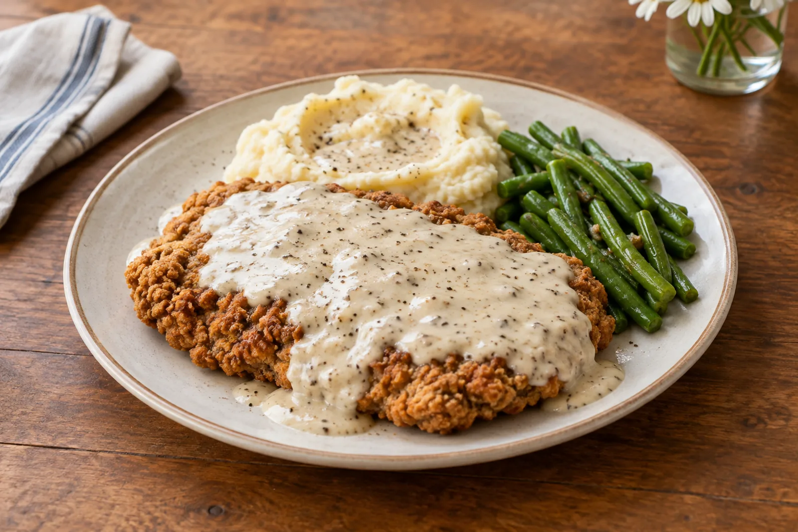A crisp golden breaded steak covered in white peppery cream gravy with mashed potatoes