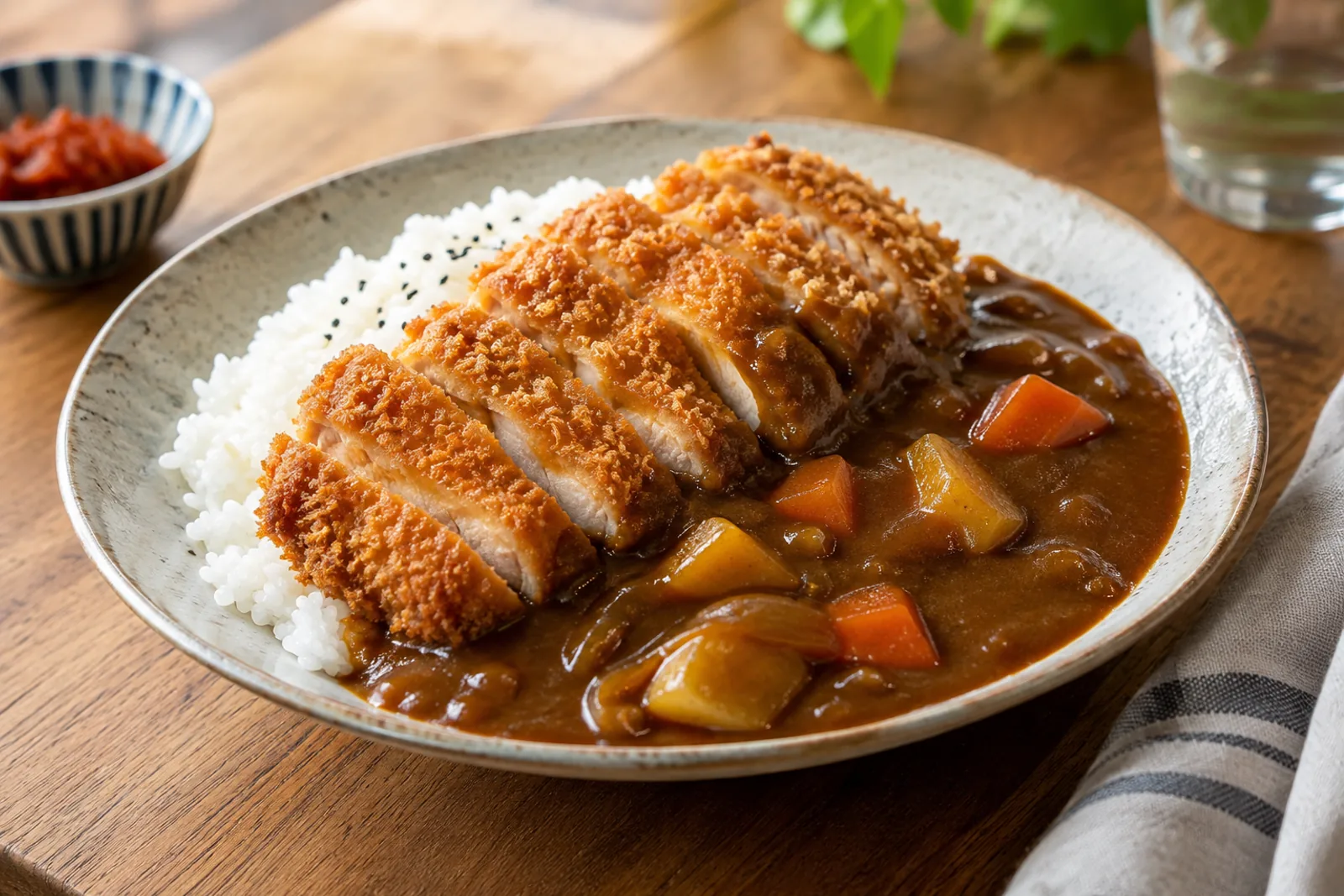Sliced chicken katsu on rice with thick brown Japanese curry sauce poured alongside