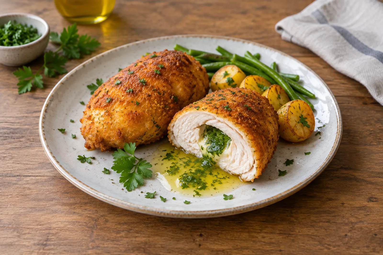A golden breadcrumbed chicken Kyiv cut open with green garlic butter running out onto the plate
