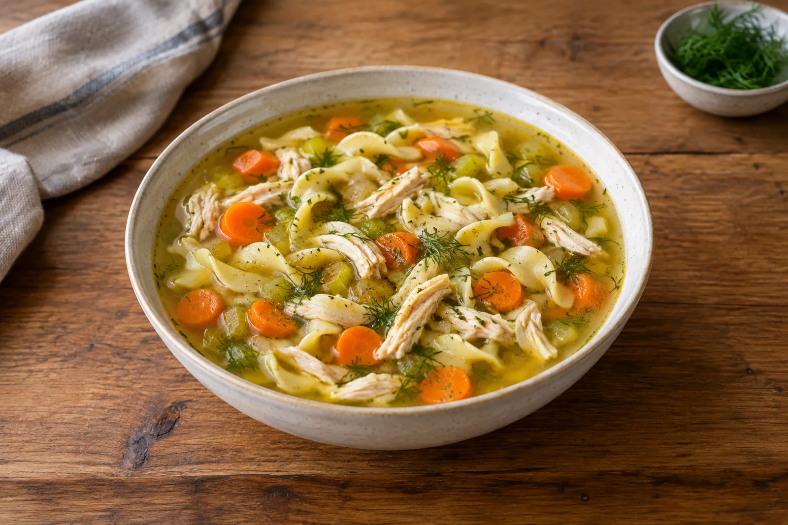 A bowl of clear golden broth with shredded chicken, egg noodles, carrot, celery and dill