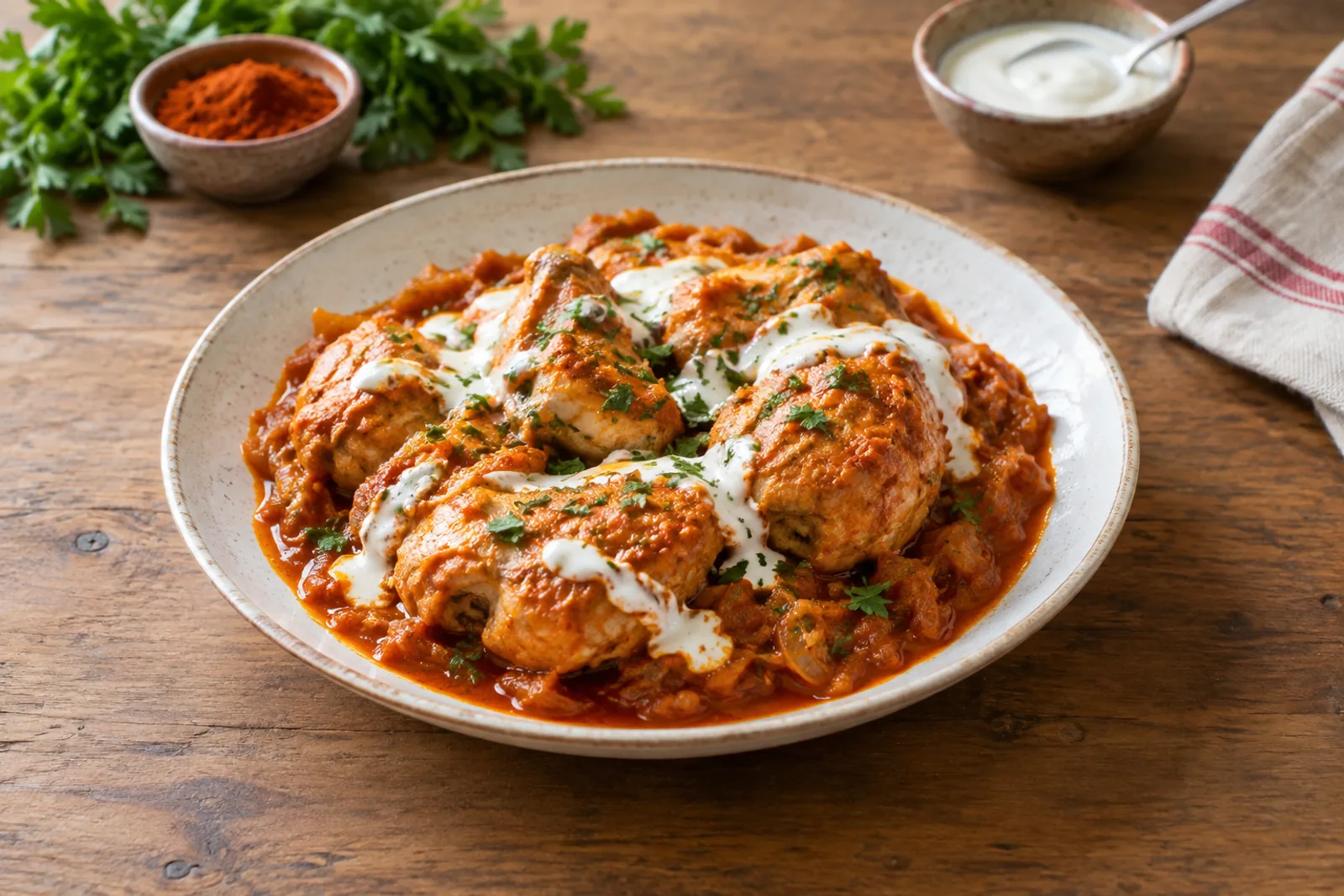 Chicken thighs in a rust-red paprika and soured cream sauce, scattered with parsley