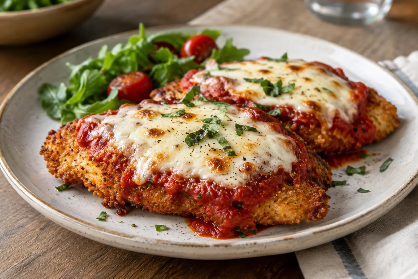 Chicken parmigiana in a dish with tomato sauce and browned melted mozzarella, basil on top