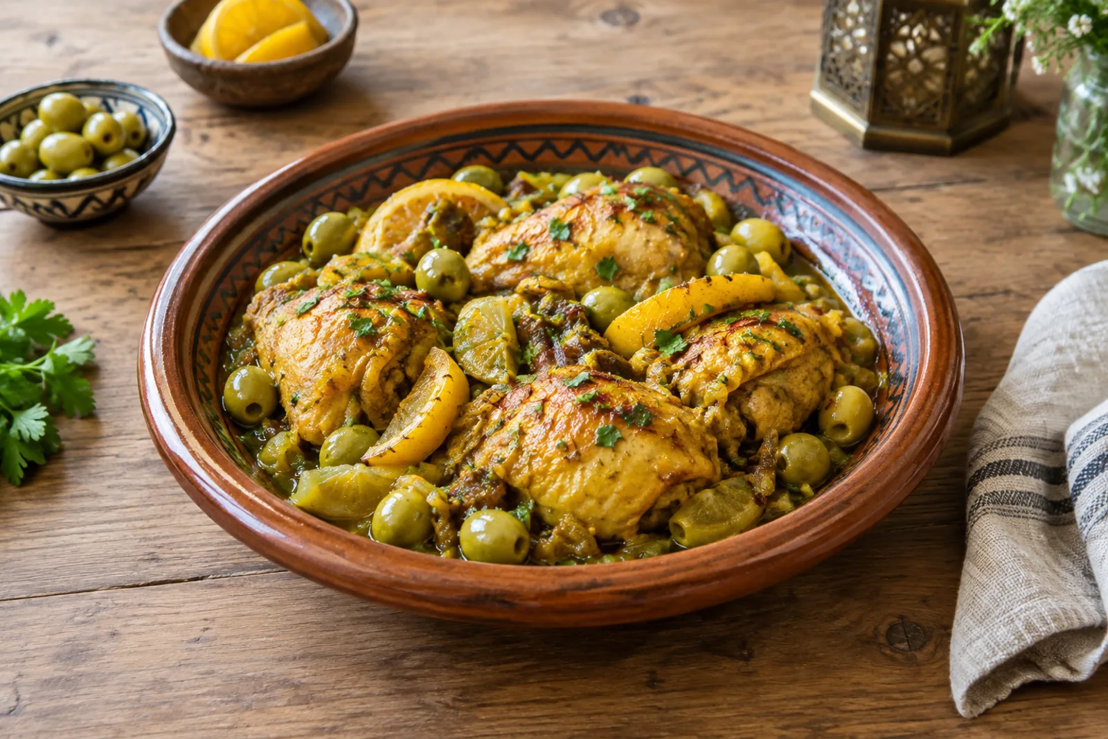 Chicken tagine with green olives and strips of preserved lemon, coriander scattered over the top