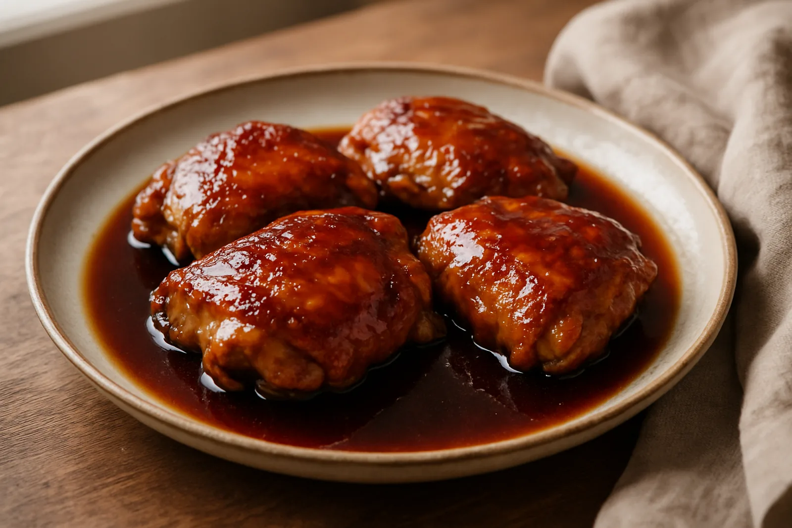 Sliced chicken teriyaki with a glossy dark glaze, sesame seeds and spring onions over rice