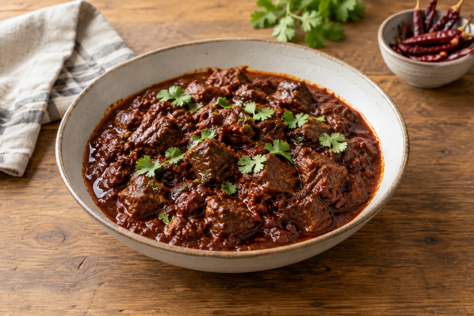 A bowl of dark red chilli with chunks of tender beef, scattered with coriander leaves, beside a dish of dried chillies