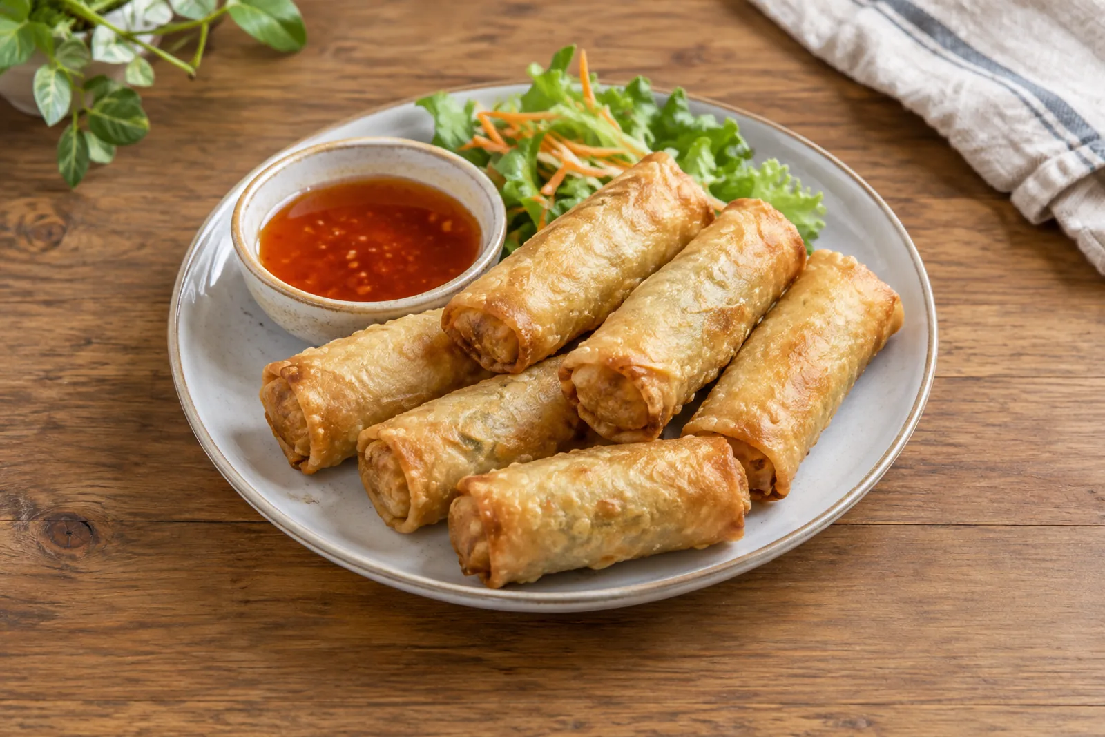 Golden Chinese spring rolls stacked on a plate