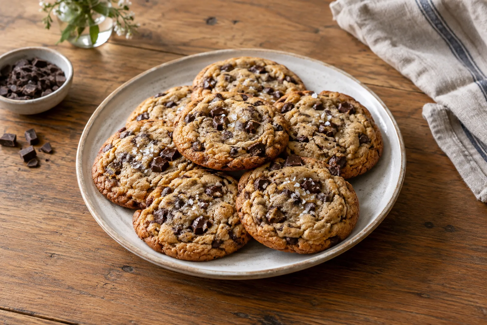 A stack of golden chocolate chip cookies with melting chocolate pools and flaky salt