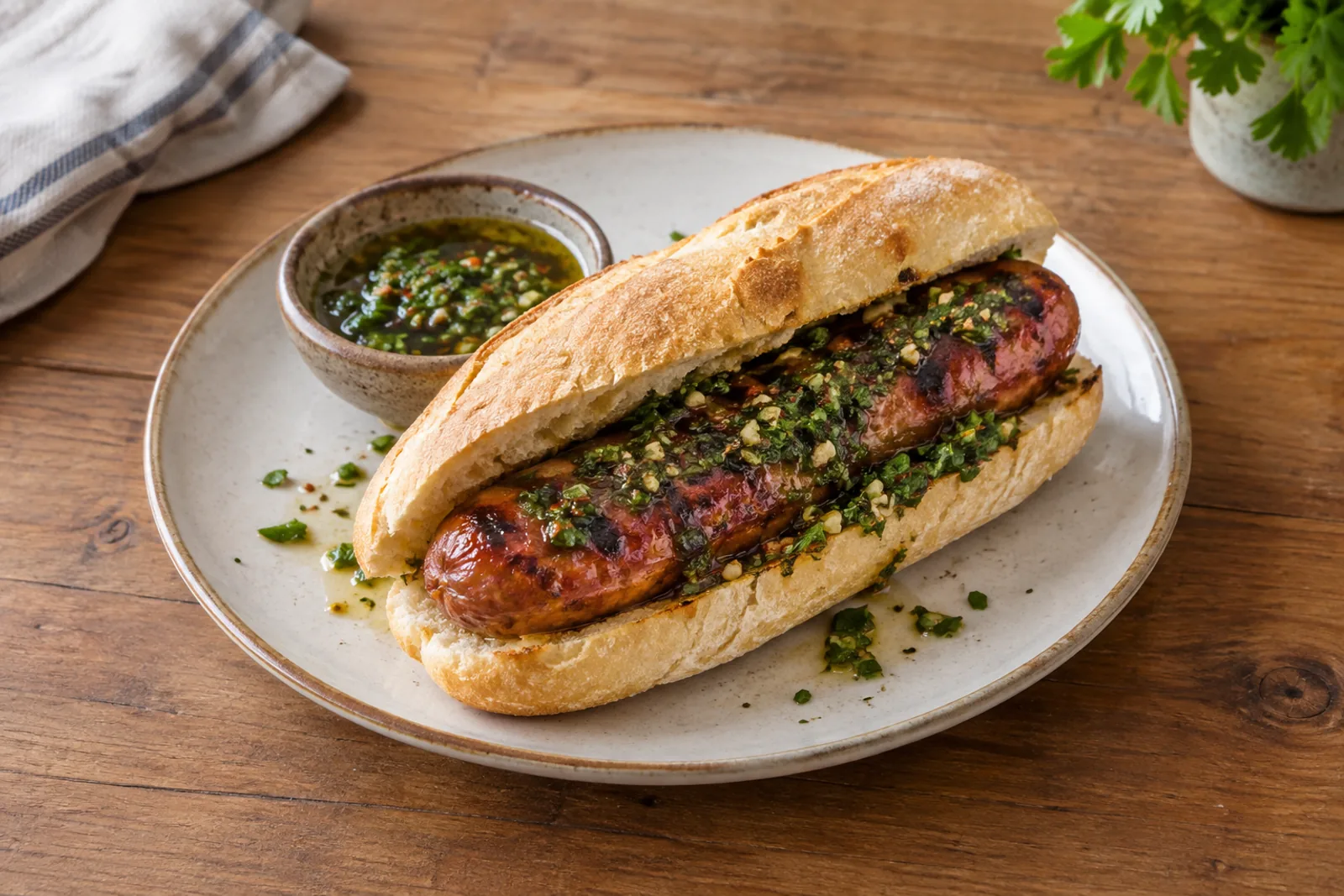 A split grilled chorizo in a crusty roll topped with green chimichurri