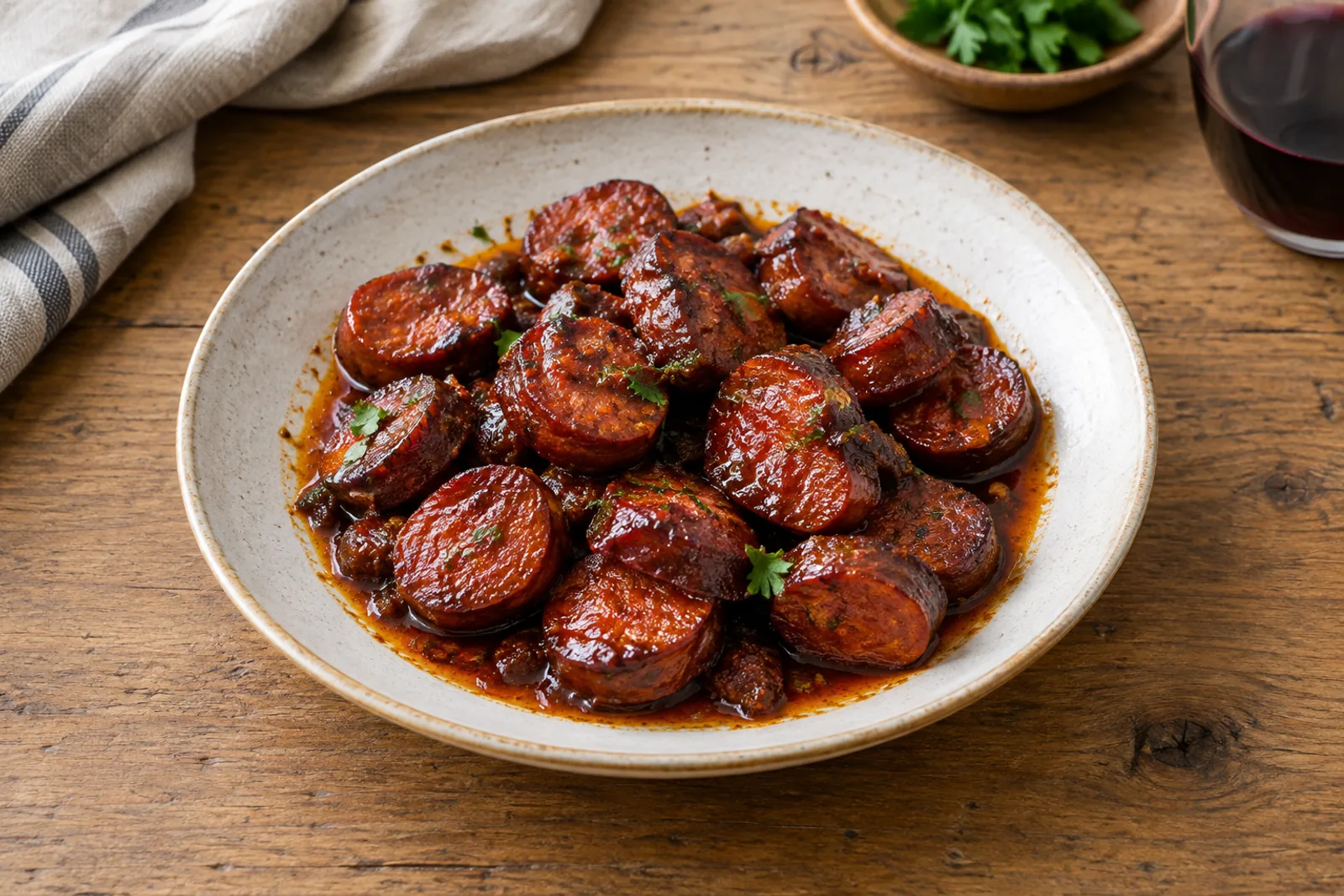 A small earthenware dish of chorizo slices in a glossy dark red wine glaze with bread
