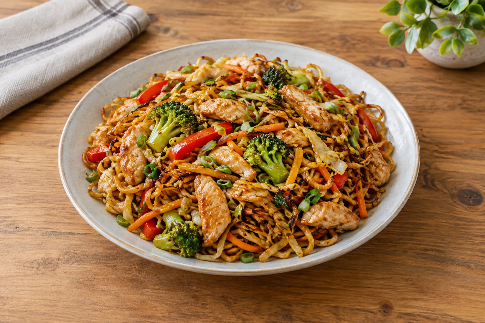 Chicken chow mein in a wok with beansprouts, spring onion and glossy noodles