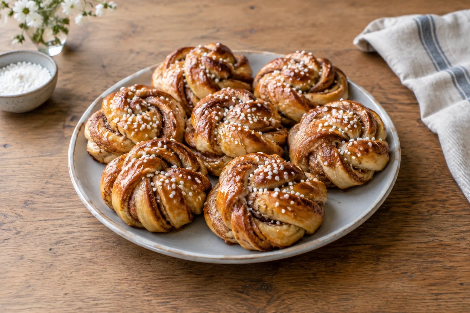 Swedish cardamom and cinnamon knots topped with pearl sugar on a plate