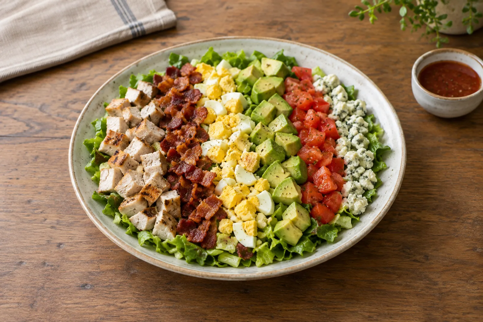 A wide bowl of chopped salad arranged in neat stripes of chicken, bacon, egg and avocado